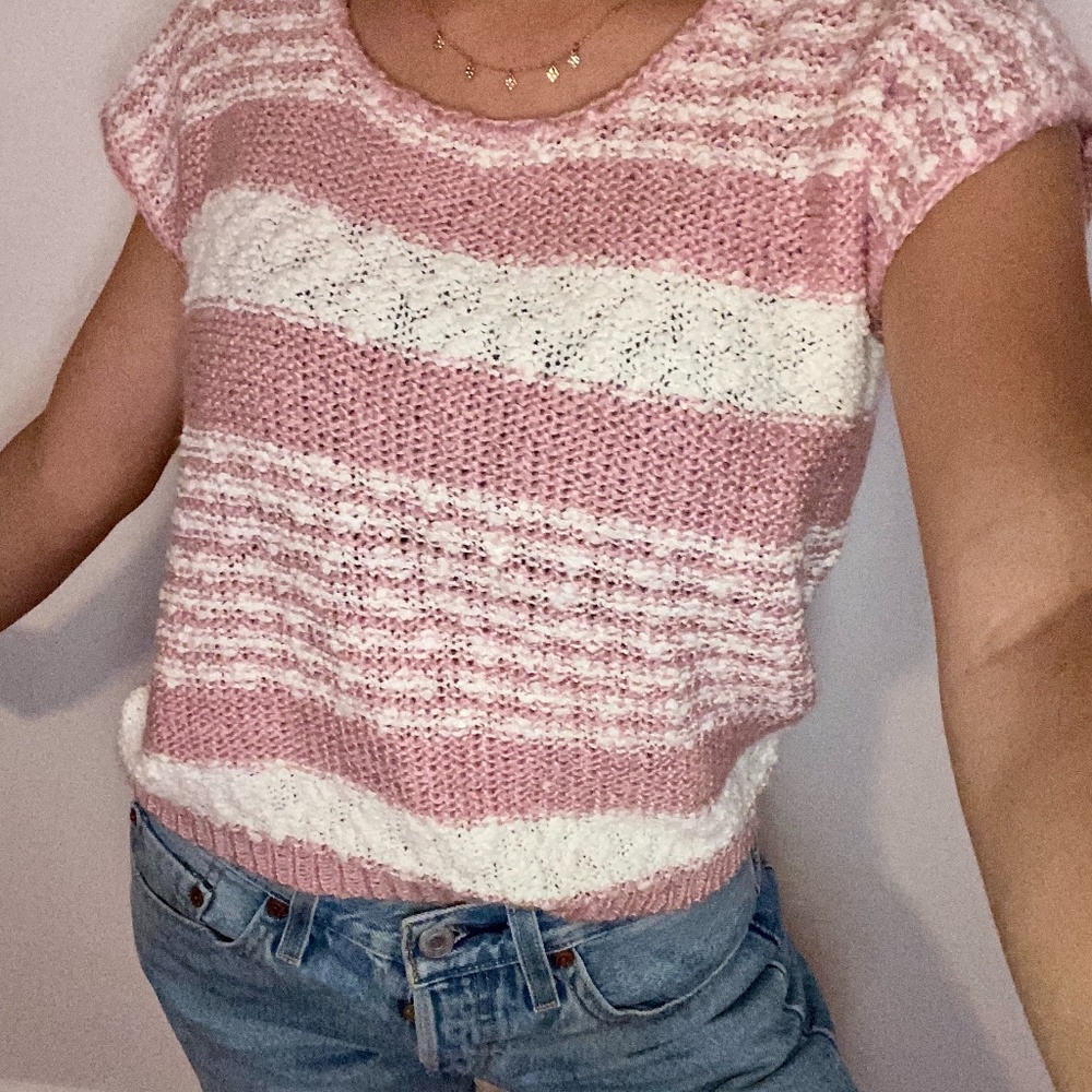 Pink and White Knit-Like Striped Top Campus Casual